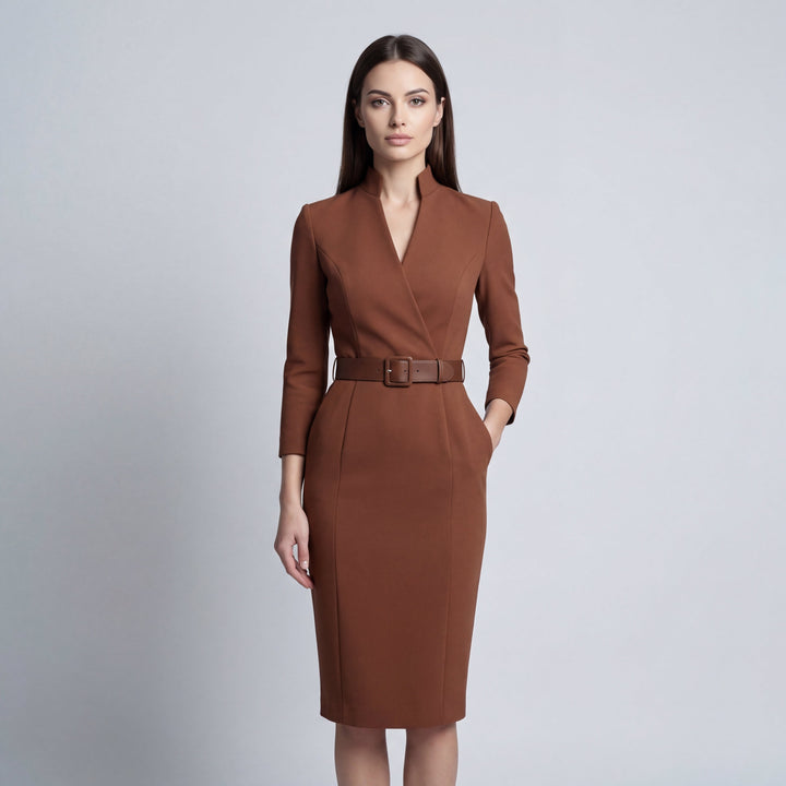 Tess | Sheath Midi Dress with V-Neck and Belt