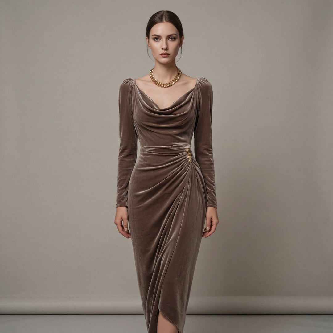 Nadia | Draped Velvet Evening Midi Dress