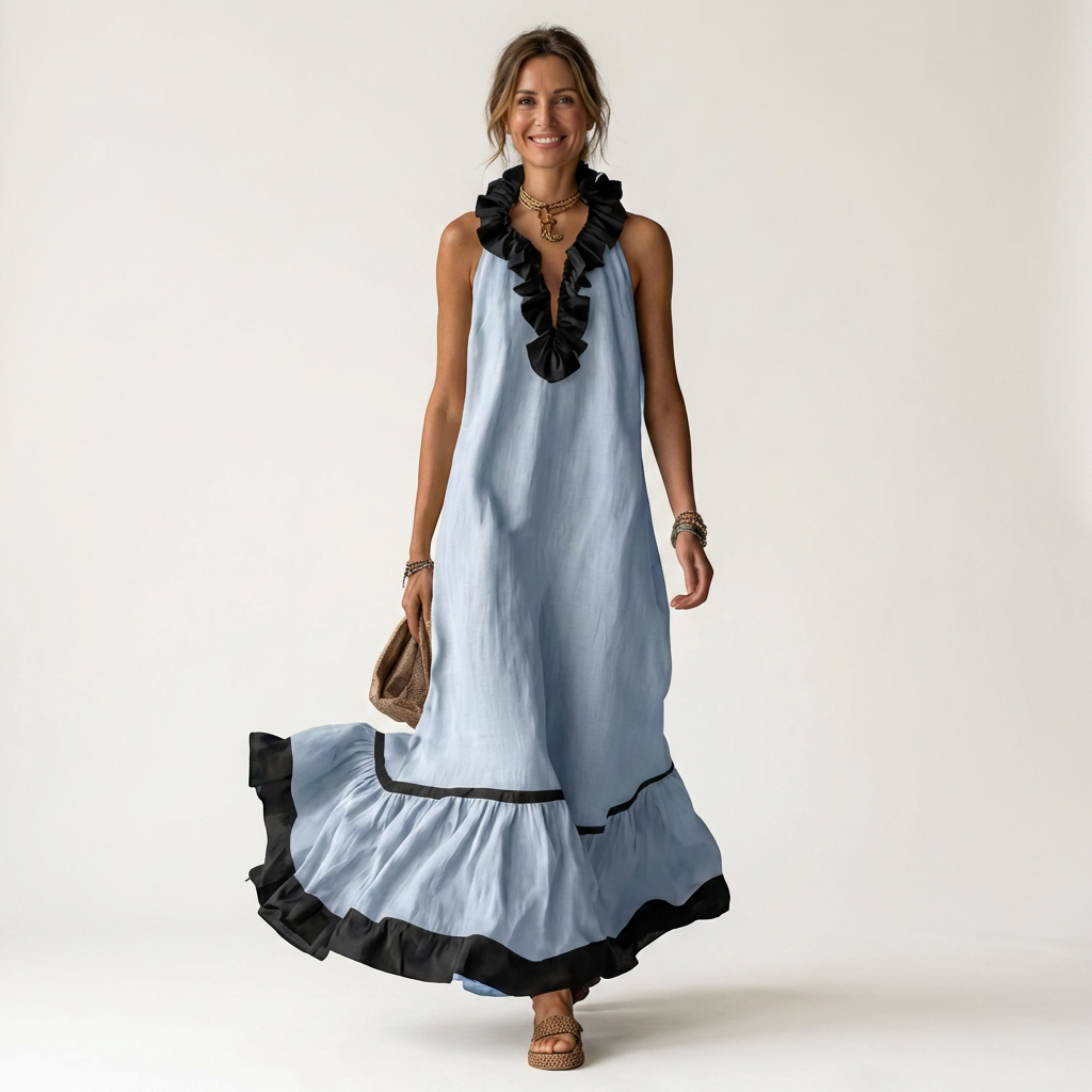Mayline | Sleeveless Ruffle-Neck Contrast-Trim Maxi Dress
