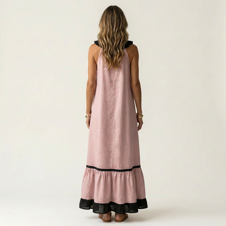 Milena | Sleeveless Maxi Dress with Ruffle Neckline and Contrast Trim