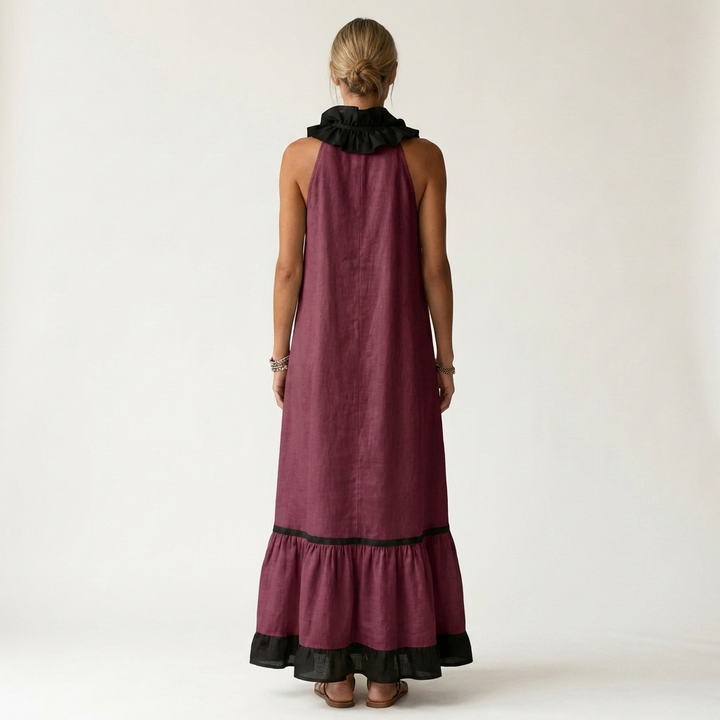 Milena | Sleeveless Maxi Dress with Ruffle Neckline and Contrast Trim
