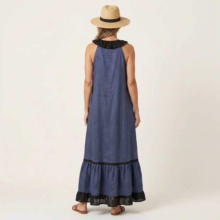 Milena | Sleeveless Maxi Dress with Ruffle Neckline and Contrast Trim