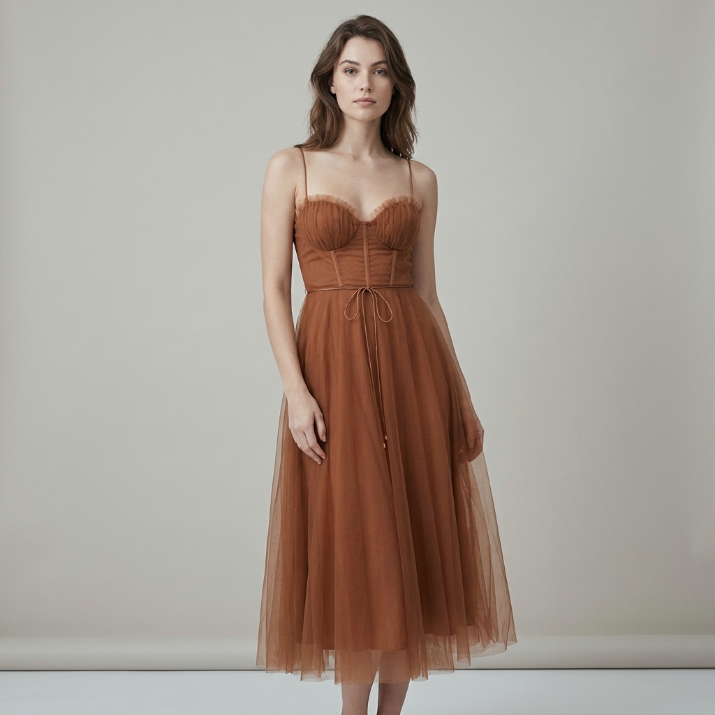 June | Elegant Caramel Satin and Mesh Midi Dress
