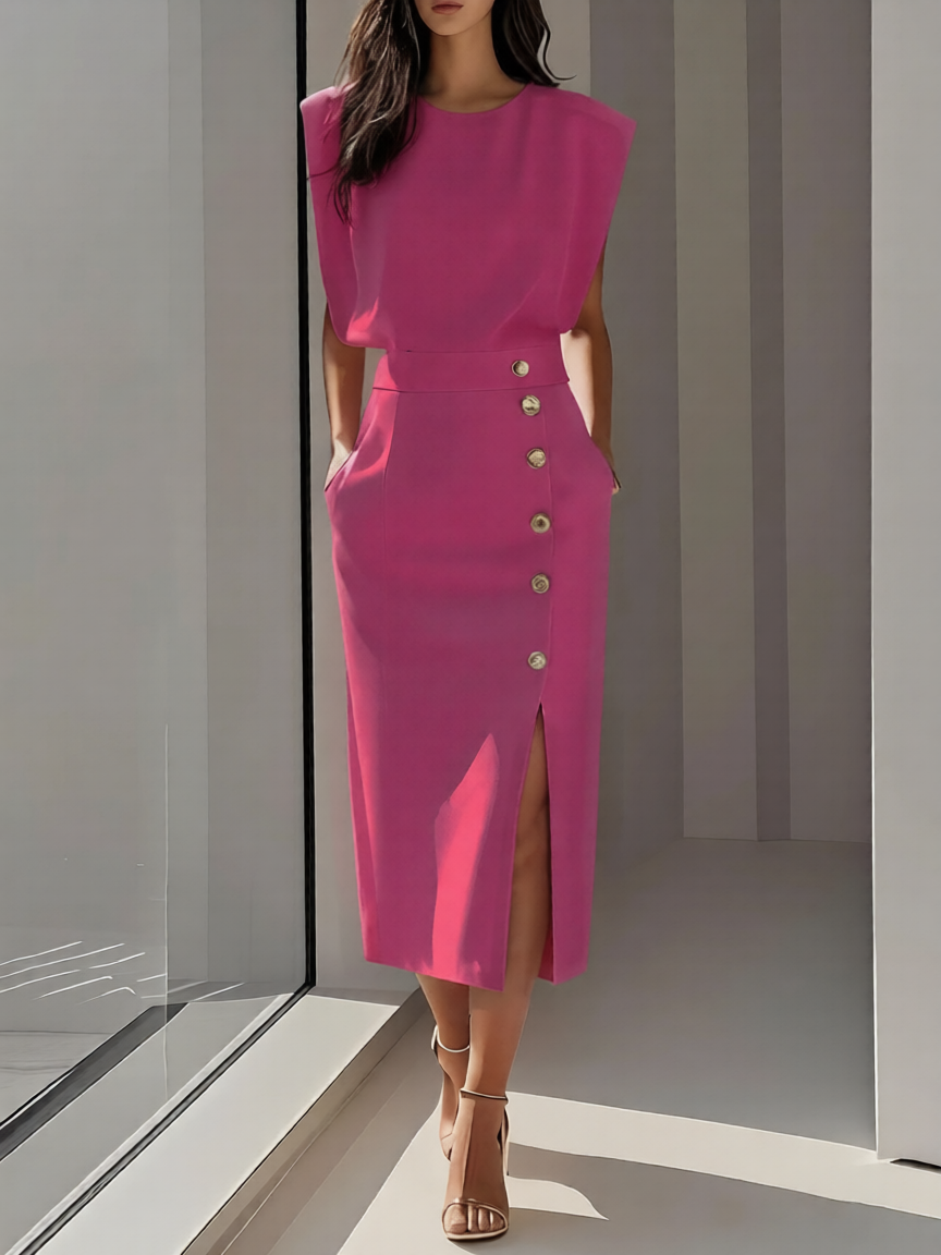 Briar | Elegant Round Neck Midi Dress with Slit