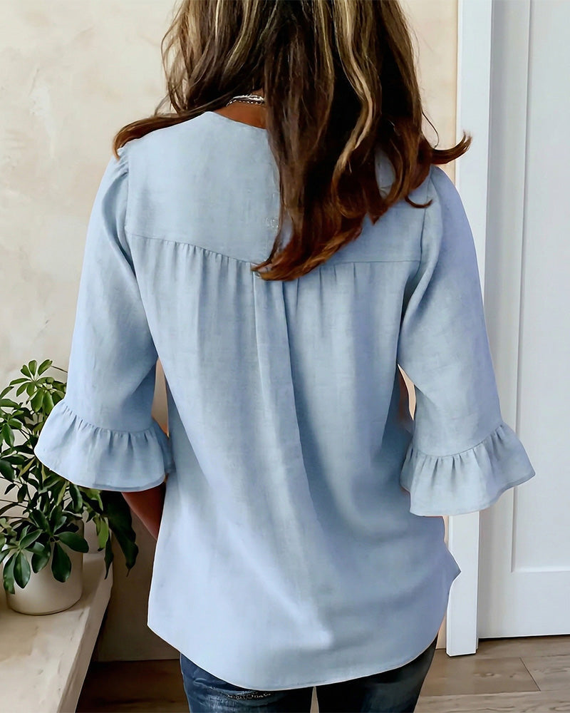 Kerria | Ruffle Sleeve Button Linen Blouse