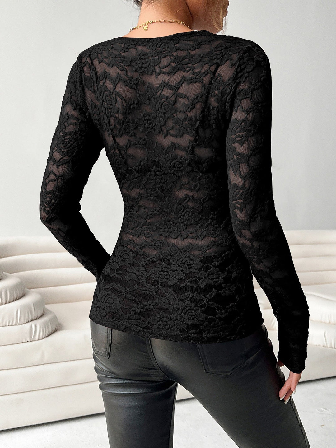 Brooke | Sheer Lace V Neck Long Sleeve Top