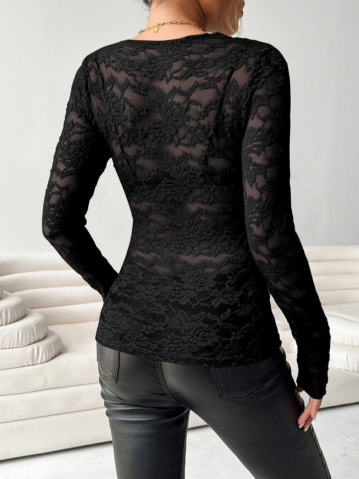 Brooke | Sheer Lace V Neck Long Sleeve Top