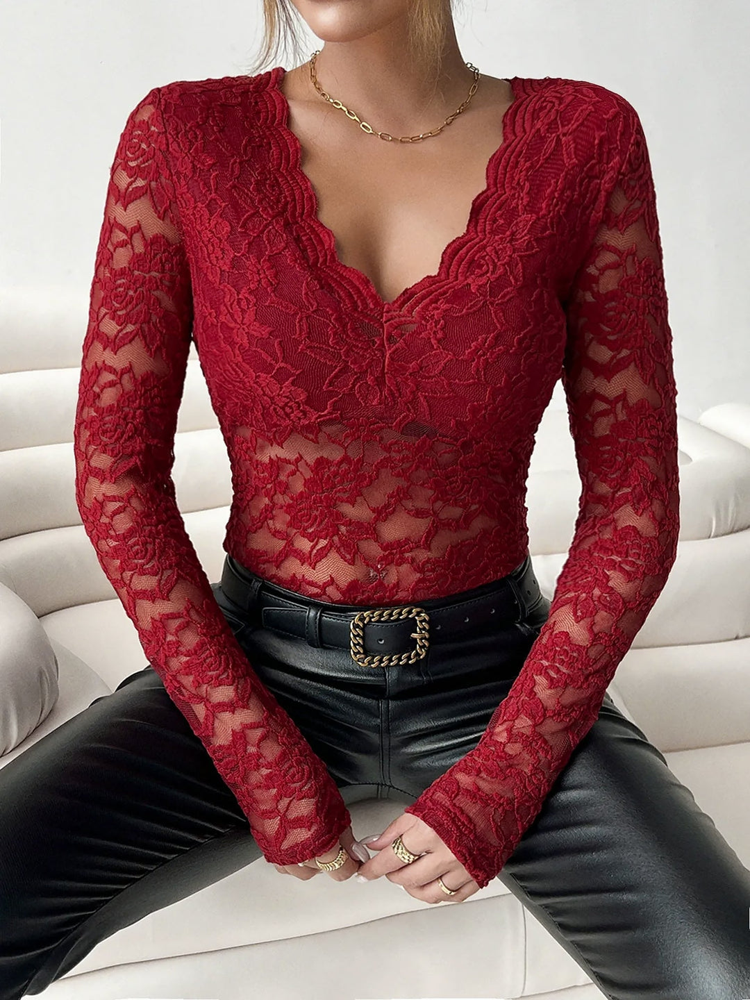 Brooke | Sheer Lace V Neck Long Sleeve Top