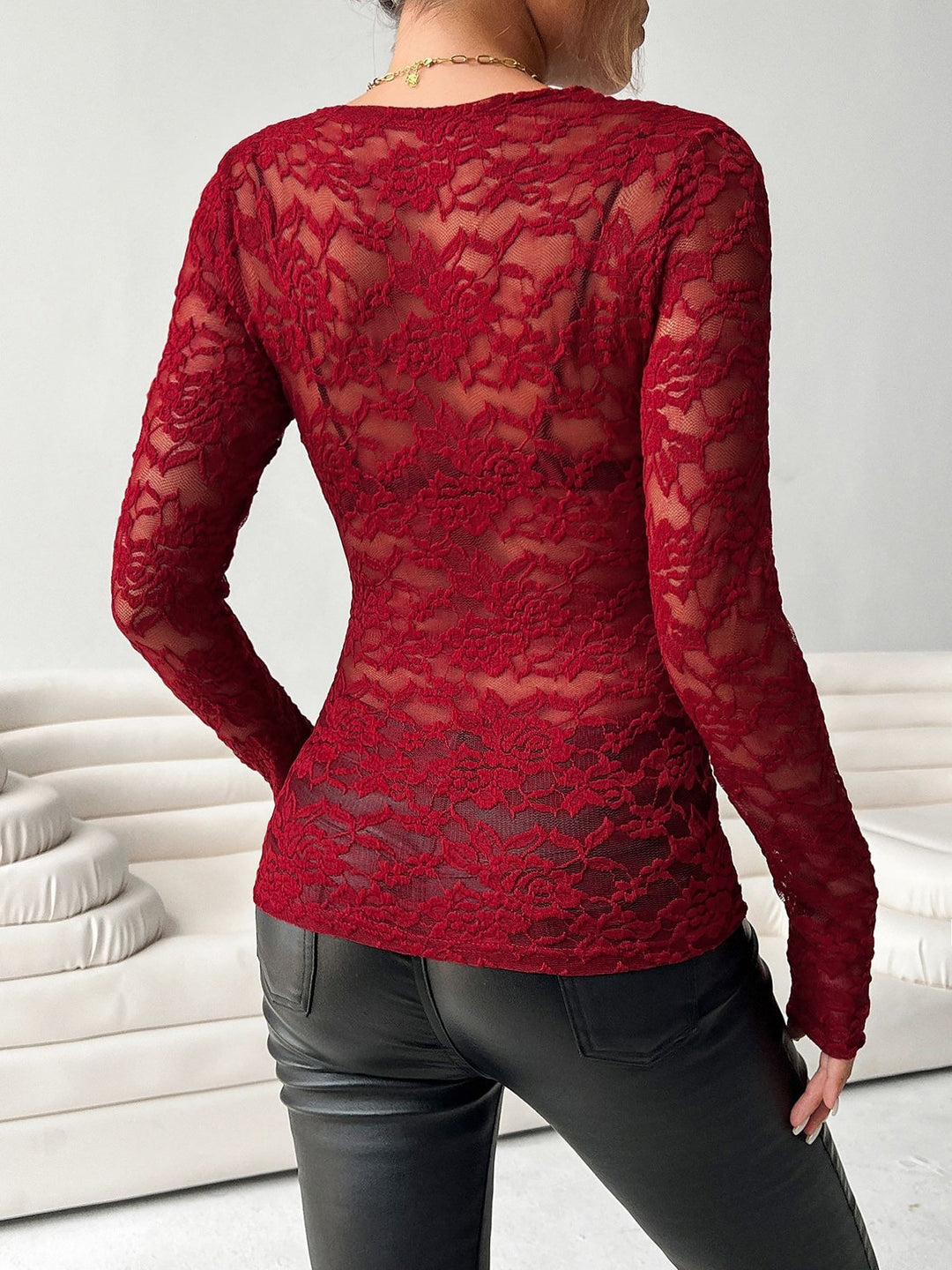 Brooke | Sheer Lace V Neck Long Sleeve Top