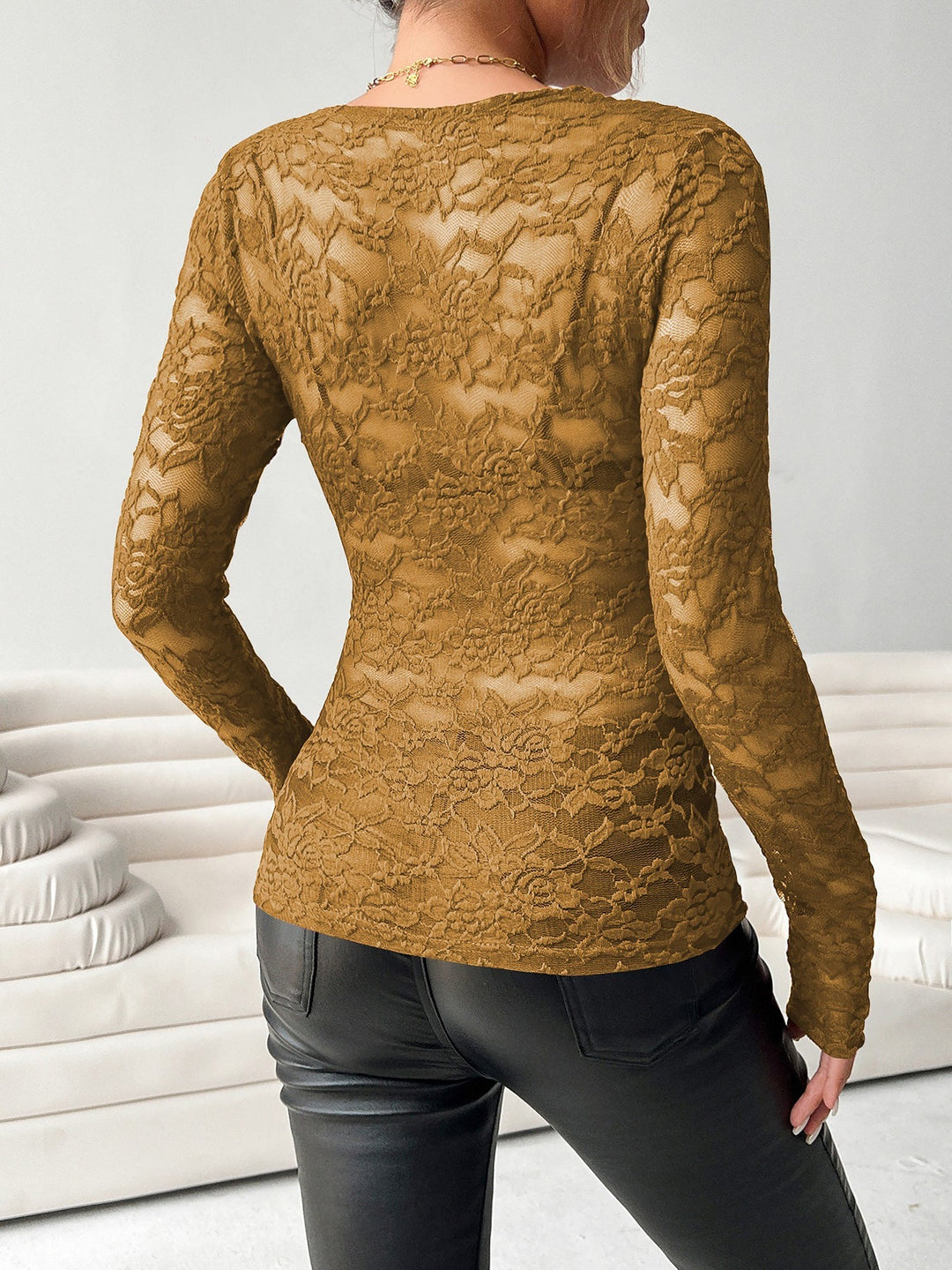 Brooke | Sheer Lace V Neck Long Sleeve Top