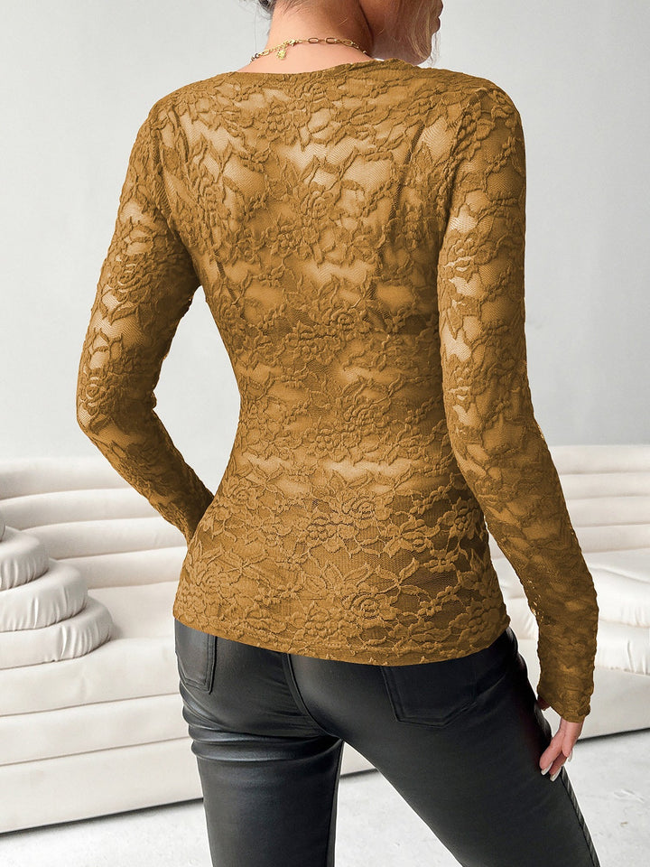 Brooke | Sheer Lace V Neck Long Sleeve Top