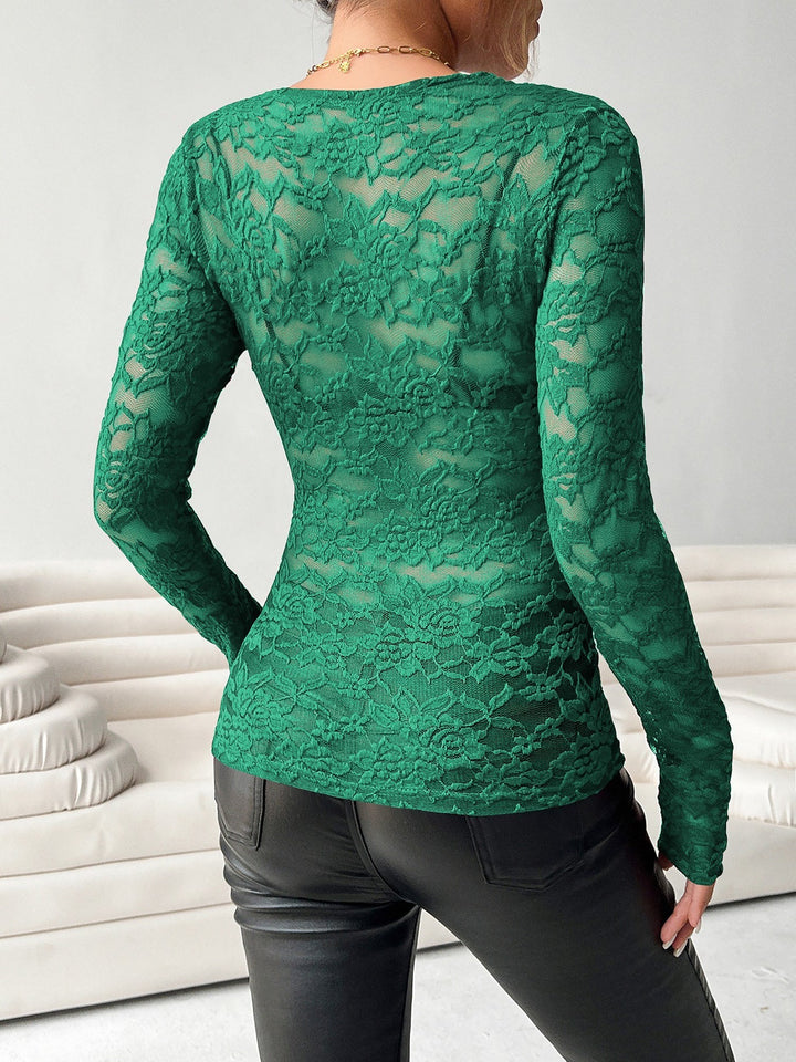 Brooke | Sheer Lace V Neck Long Sleeve Top