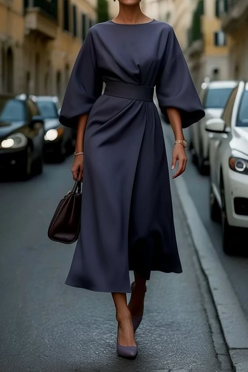 Valentina | Cape-Sleeve Belted Draped Fall Wedding Guest Midi Dress