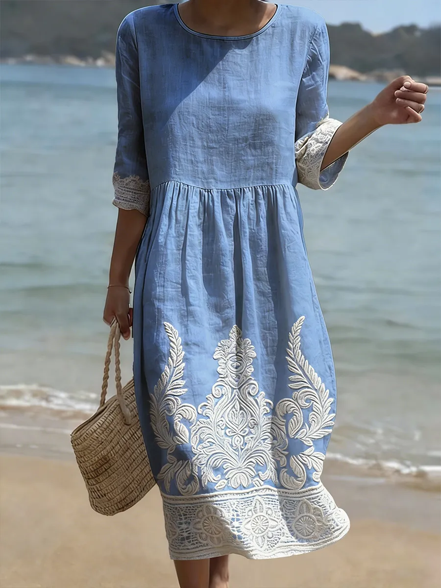 Amber | Embroidered Floral Midi Summer Dress with Lace Trim