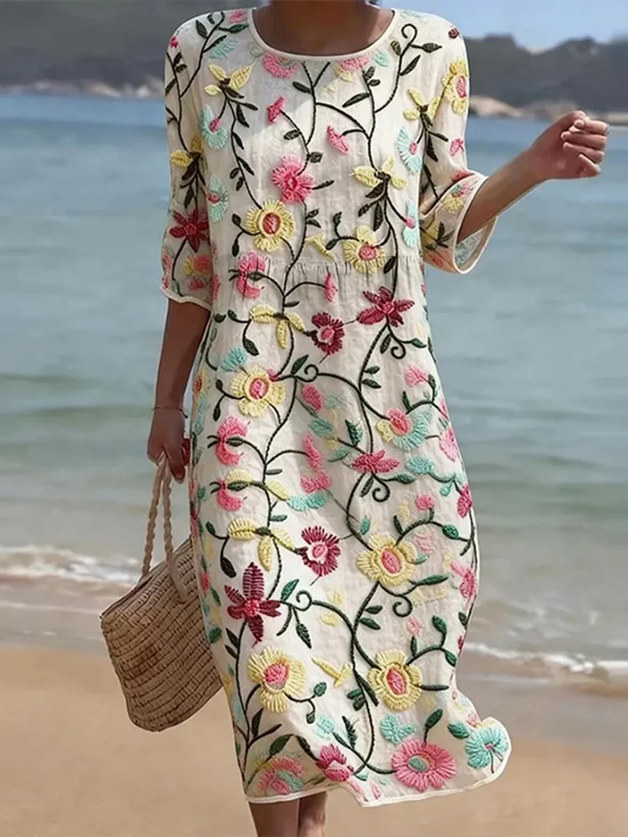 Amelia | Embroidered Floral Round-Neck 3/4 Sleeve Summer Midi Dress