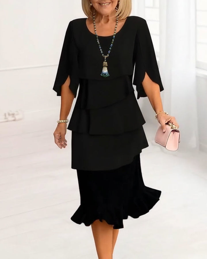 Margot | Layered Round-Neck Cape-Sleeve A-Line Midi Dress
